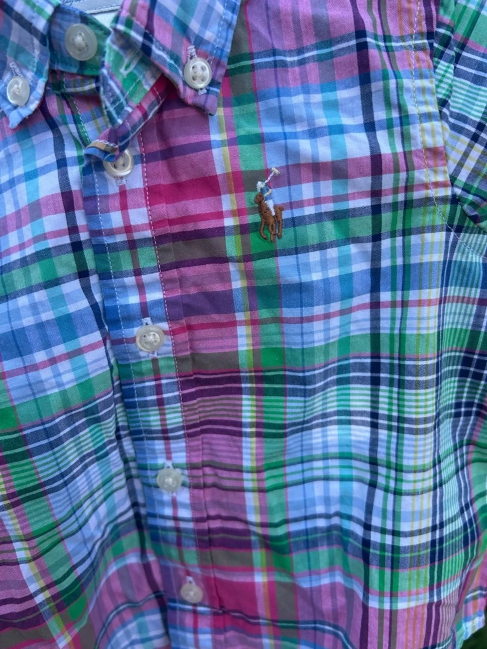 Ralph Lauren Short-Sleeve Plaid Button-Down Shirt in Pink, Green & Blue